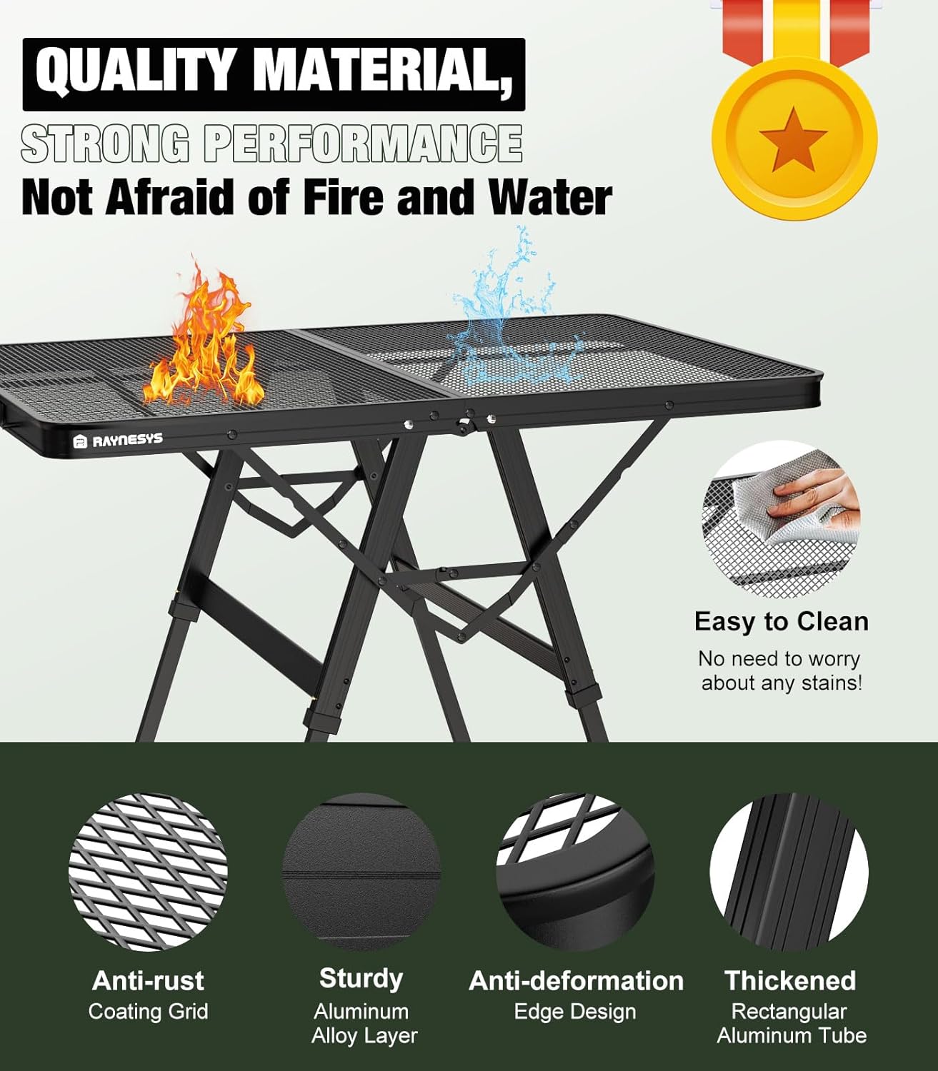 Foldable Grill Table with Mesh Desktop, 200lbs 3Ft Portable Folding Table, Height Adjustable Metal Table for Ourdoor, Camping, Picnic, BBQ and Beach, RV, 35.4" L x 23.6" W