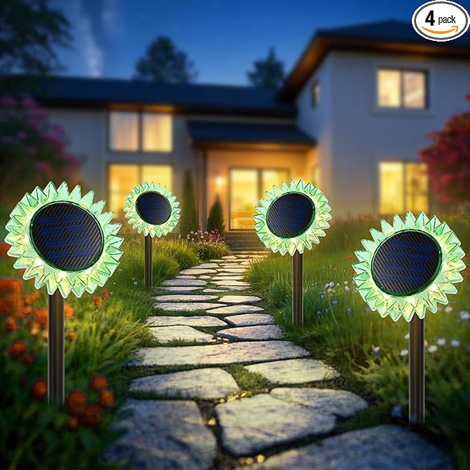 Outdoor Solar Lights, 4 Pack Led Solar Sunflower Lights, Stake/Wall 2-in-1 Waterproof Solar Garden Lights for Yard, Landscape, Fence, Patio, Driveway, Pathway, Backyard Decoration (Warm White)