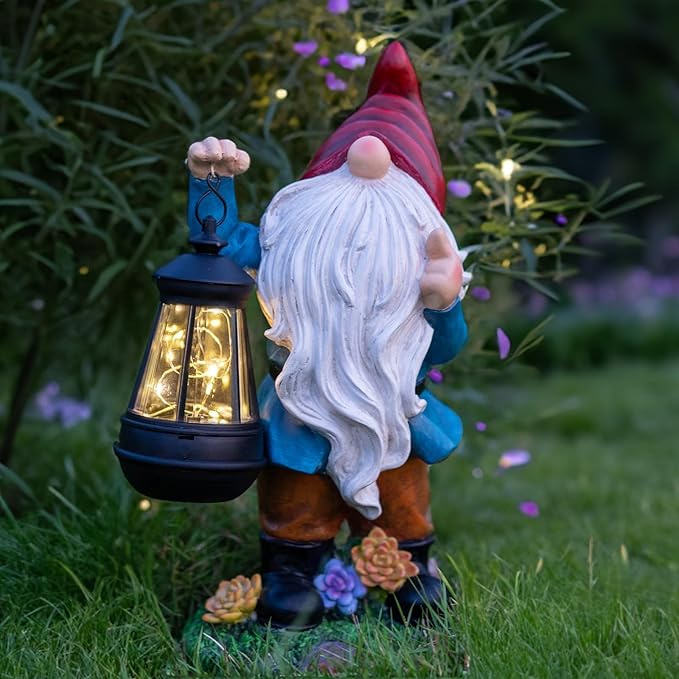 Solar Garden Statue Lights Gnome Figurine with Solar Lantern, Outdoor Garden Succulent Ornaments Waterproof Christmas Decoration for Outside Patio Yard Lawn Decor
