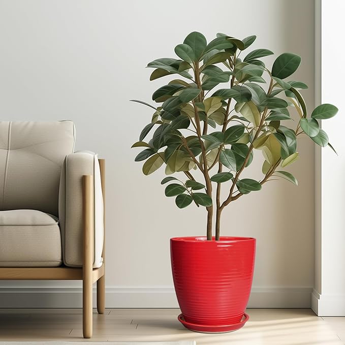 Ceramic Planter 10 Inch - Ceramic Pot for Plants Large Plant Pot Indoor with Drainage Hole and Saucer Round Outdoor Planter Modern Flower Pot for Garden House Red