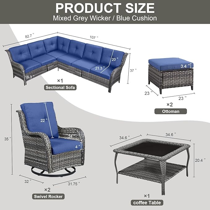 Outdoor Furniture Sectional Sofa L Shaped Couch - Patio Wicker Set with 2 Swivel Glider Chairs, 8 Piece Rattan Patio Conversation Sets with Blue Cushion for Deck Backyard Sunroom