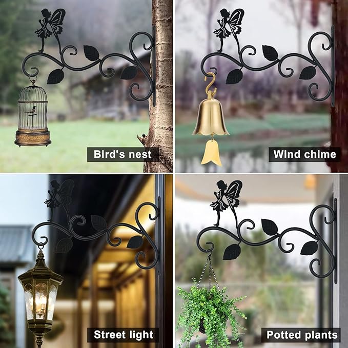 Hanging Plants Bracket 12" Angel Planter Outdoor Hooks Hangers for Flower Baskets Pot Bird Feeder Wind Chimes Lanterns Patio Garden Outdoor Indoor Metal Black, 4 Pack
