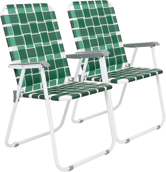 VINGLI Patio Lawn Webbed Folding Chairs Set of 4, Outdoor Beach Chair Portable Dining Chair for Outdoor Yard, Garden (Dark Green, Classic)