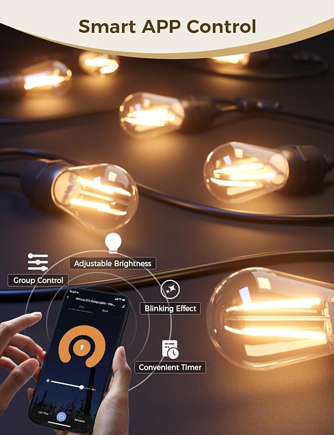 XMCOSY+ Smart Outdoor String Lights, 123Ft LED Patio Lights Waterproof IP65, App Control, Compatible with Alexa, Dimmable Edison Bulbs Outdoor Light for Yard Porch Bistro Outside