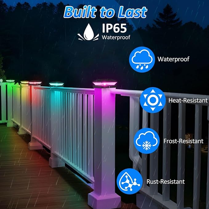 T-SUN Solar Post Cap Lights with Auto-Change Colors- for Wooden (4x4/6x6) & Vinyl (4x4/5x5) Posts | Weatherproof Outdoor Solar Fence Post Lights for Deck, Porch, Garden & Stairs(6-Pack,RGB)