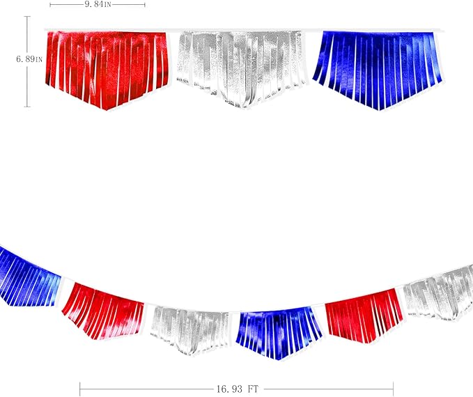 Blue Red Silver Tassel Banner Metallic Fabric Pennant Bunting Flag for 4th of July American USA National Day Patriotic Veterans Graduation Wedding Birthday Retirement Nautical Party Decorations