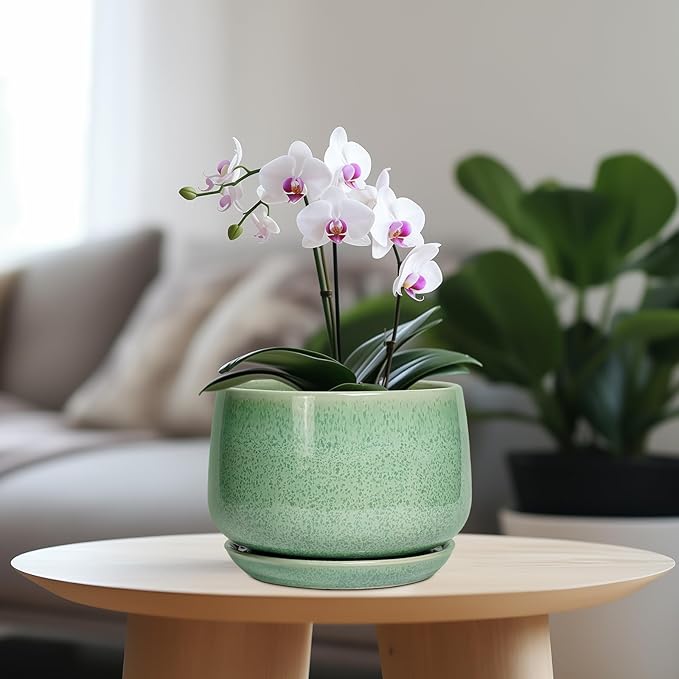 G EPGardening Ceramic Plant Pot - 7 Inch Ceramic Planter for Indoor Outdoor Plants, Flower Pot with Drainage Hole and Tray, Modern Round Planter, Plants Lovers Gifts, Home Garden Decor, Green