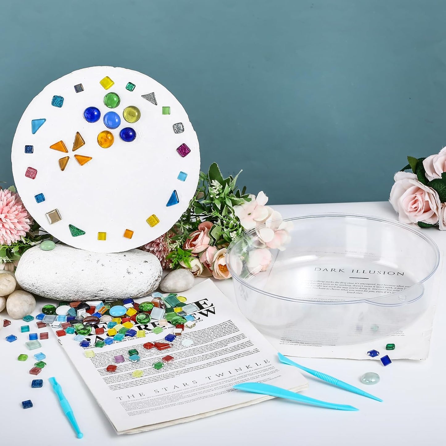 24 Pcs Stepping Stone Kit Includes Concrete Mold, Mosaic Tiles and Carving Tools, DIY Craft Handmade Stepping Stone Kit for Kids, Family, Garden Outdoor Decor, No Concrete Mix (Round,12 Inch)