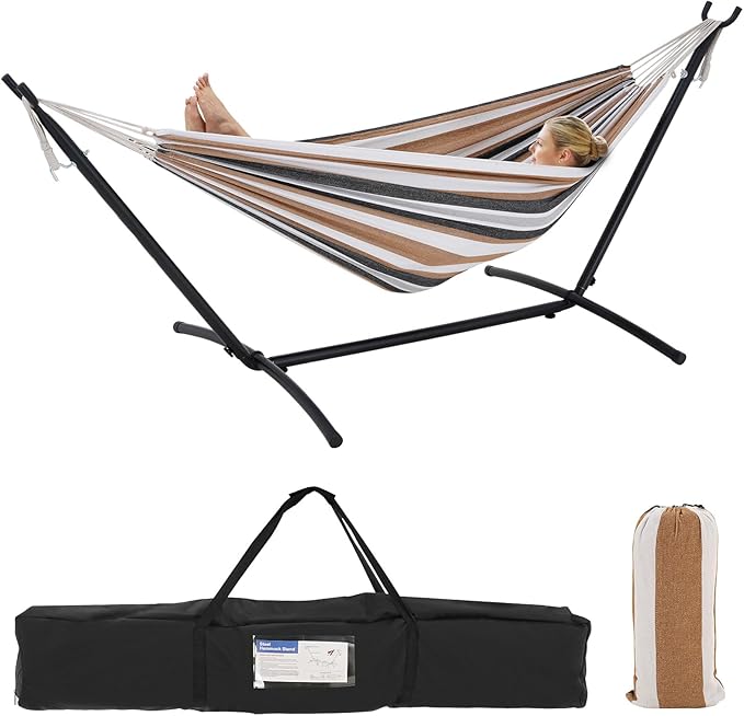 Double Hammock with Stand Included 450lb Capacity Space Saving Steel Stand,Premium Carry Bag Included,Suit for Outside,Indoor,Yard,Camping(Coffee).