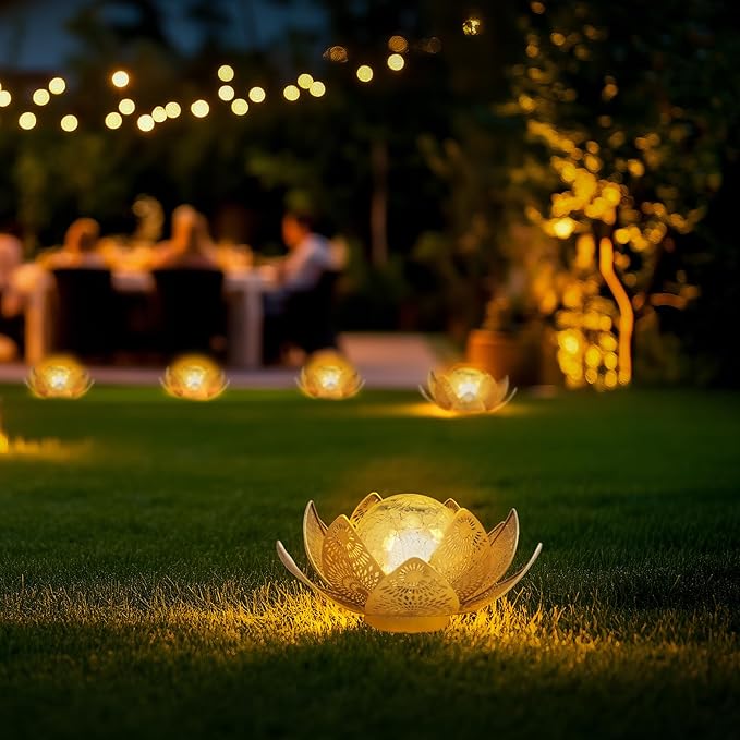 Solar Lights Outdoor Waterproof Lotus Flower Metal Yard Art Decoration Crackle Globe Glass Solar Lamp Garden Decor for Outside, Flowerbed Lawn Patio Porch Pathway Pond Decorations