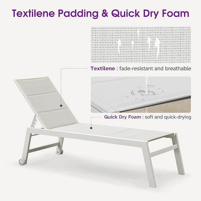 PURPLE LEAF Outdoor Chaise Lounge Set Adjustable Sunbathing Recliner with Side Table for Beach Poolside Outside Patio Aluminum Chaise Lounger Cream