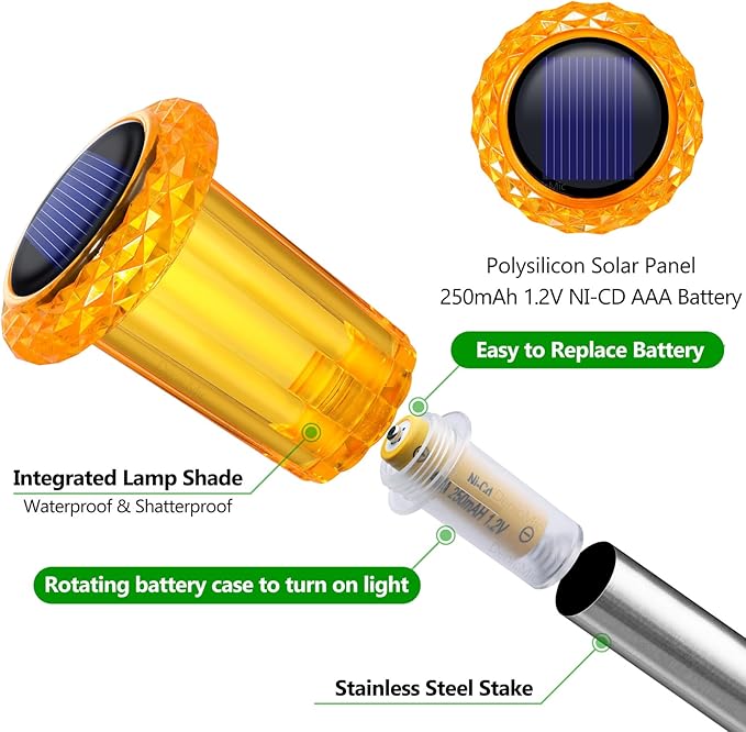 DenicMic Solar Lights Outdoor Pathway Lights LED Waterproof Acrylic Lamp Head Stainless Steel Stake for Yard Garden Landscape Path Walkway Driveway Patio Lawn (Orange 10Pack)