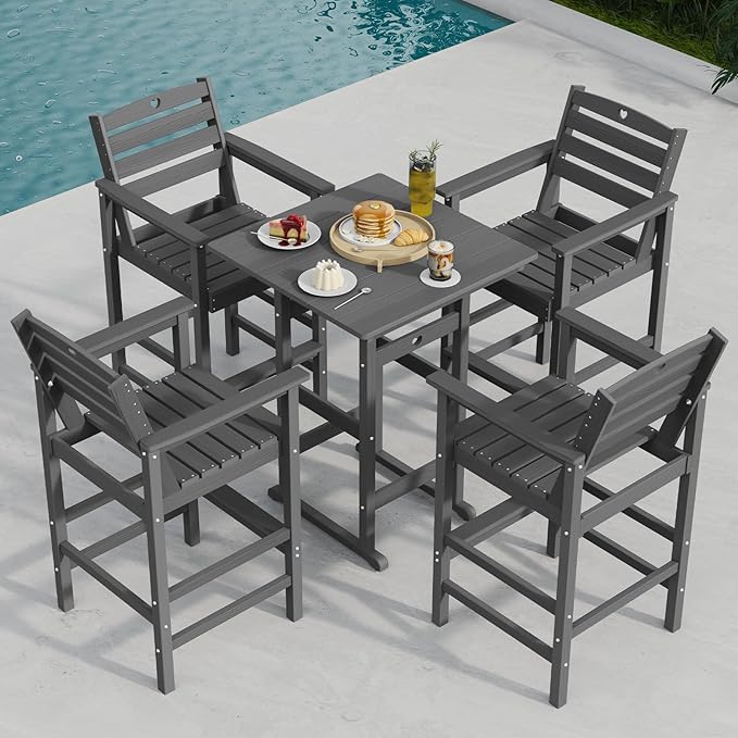 5-Piece Bar Height Outdoor Table and Chairs Set, HDPE Wood Grain Patio Bar Table and Chairs with Heart Cutout Design, Weather-Resistant Bar Height Furniture for Deck, Porch, Pool (Grey)
