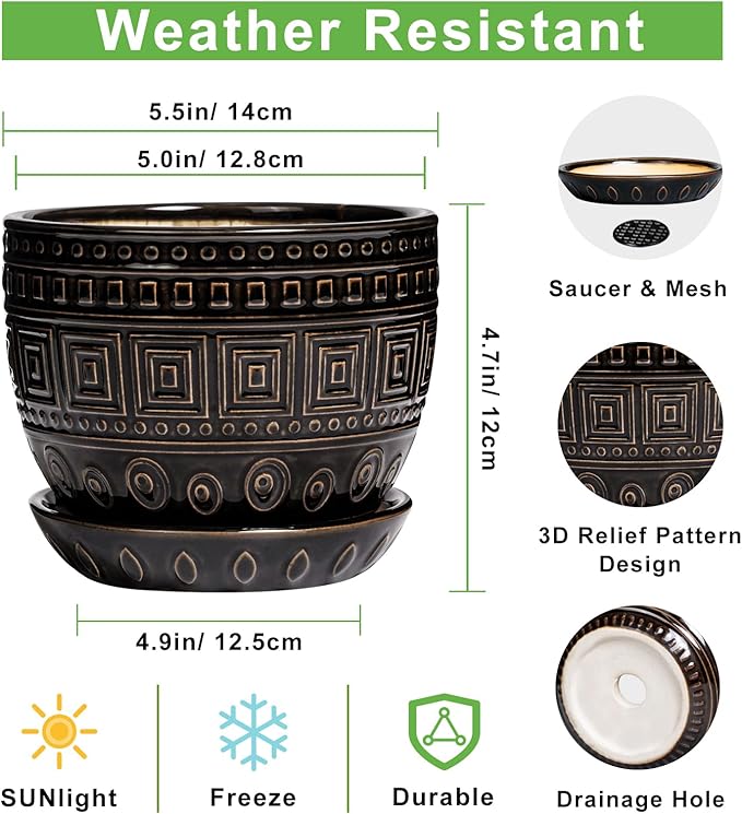 G EPGardening Ceramic Plant Pot - 5.5 Inch Ceramic Planter for Indoor Plants, Boho Round Indoor Flower Pot with Drainage Hole and Saucer, Plant Lover Gifts, Garden Home Room Decor, Black