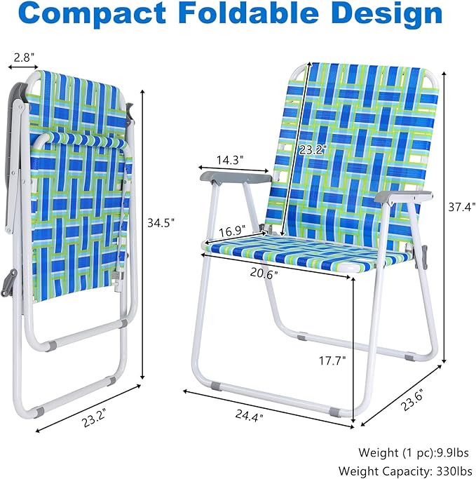 VINGLI Oversize Patio Lawn Webbed Folding Chairs Set of 2, Outdoor Beach Chair Portable Dining Chair for Outdoor Yard, Garden (Blue, Oversized)