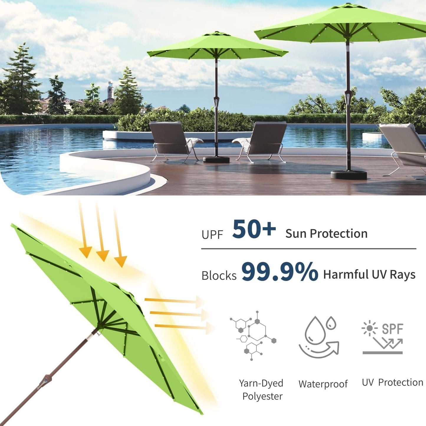 9FT Solar Umbrella 32 LED Lighted Patio Umbrella Table Market Umbrella w/Tilt and Crank, UV-Resistant Outdoor Umbrella for Pool, Garden, Deck, Apple Green
