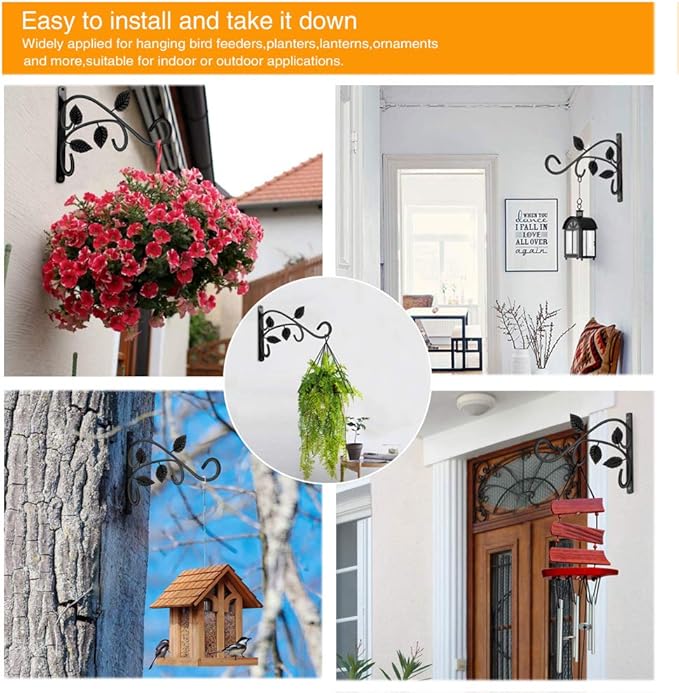 4 PCS Metal Hanging Hook Plants Brackets, 12 Inch Iron Wall Mount Bracket Durable Rust-Resistant Plant Hanger Hook for Hanging Plants Bird Feeder Lantern Wind Chimes