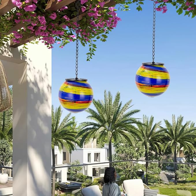 Colorful Hanging Solar Lanterns Outdoor Waterproof 4.7" Glass Solar Golbe Lights with Metal Chain,Gazing Ball Garden Decorative Lanterns for Patio Pathway Porch Yard Decor