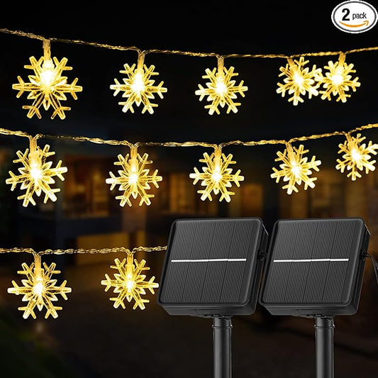 Brightown Solar Christmas Snowflake String Lights 2-Pack 100 LED 78FT Outdoor Waterproof Fairy Lights with 8 Lighting Modes for Wedding, Party, Tree, Room, Garden, Patio, Yard, Home(Warm White)