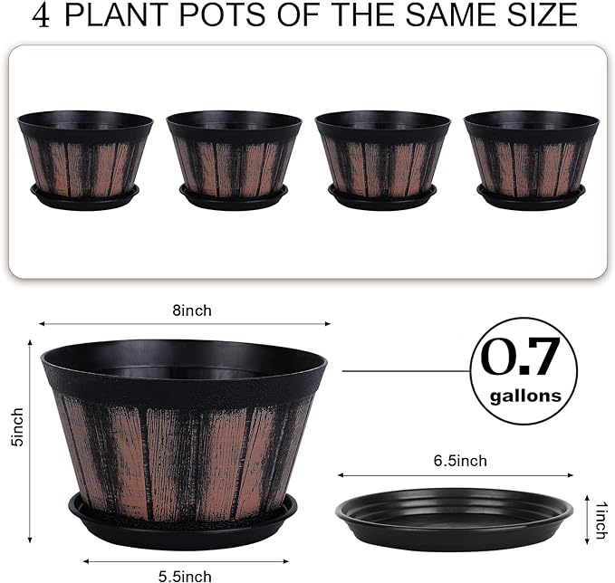Quarut 8 inch Brown Plastic Whiskey Barrel Plant Pots Set of 4 with Drainage Holes and Saucer for Indoor and Outdoor Garden Home Plants