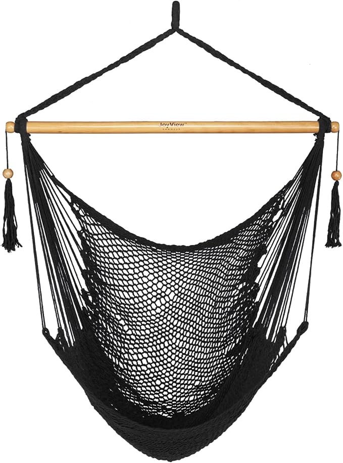 JoyView Hammock Chair with Spreader Bar Caribbean Hammock Swing Chair 300 LBS Weight Capacity XL Rope Hanging Chair for Outdoor Indoor Garden Yard - Black