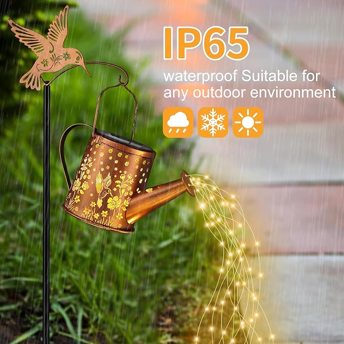 Outdoor Hanging Solar Lantern Waterproof Set Outside Metal Sprinkler Openwork Hummingbird Landscape Lights for Garden Yard Patio Pathway Decor Birthday Gifts for Women Mom Grandma -with Floor Pole