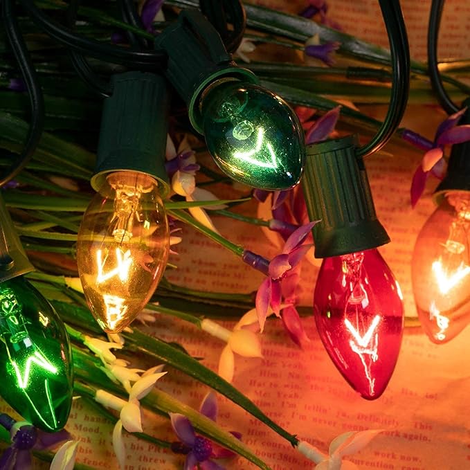 C9 Bulb String Lights Outdoor 50 Feet Multicolored Christmas Lights Green Wire for Outdoor Patio Room Christmas Tree Party Backyard Decoration, E17 Base, 50 +2 Bulbs