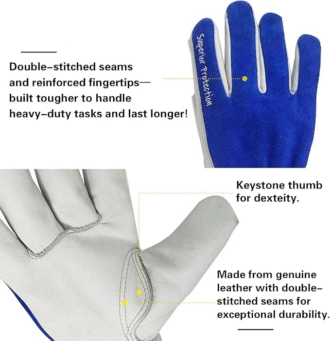 12 Pairs Bulk Leather Work Gloves for Men or Women for Construction, Wood cutting, Driving, Gardening, Automotive Repair, Soft, Cowhide, Class 4 Abrasion Resistant, Blue-White, XXL.