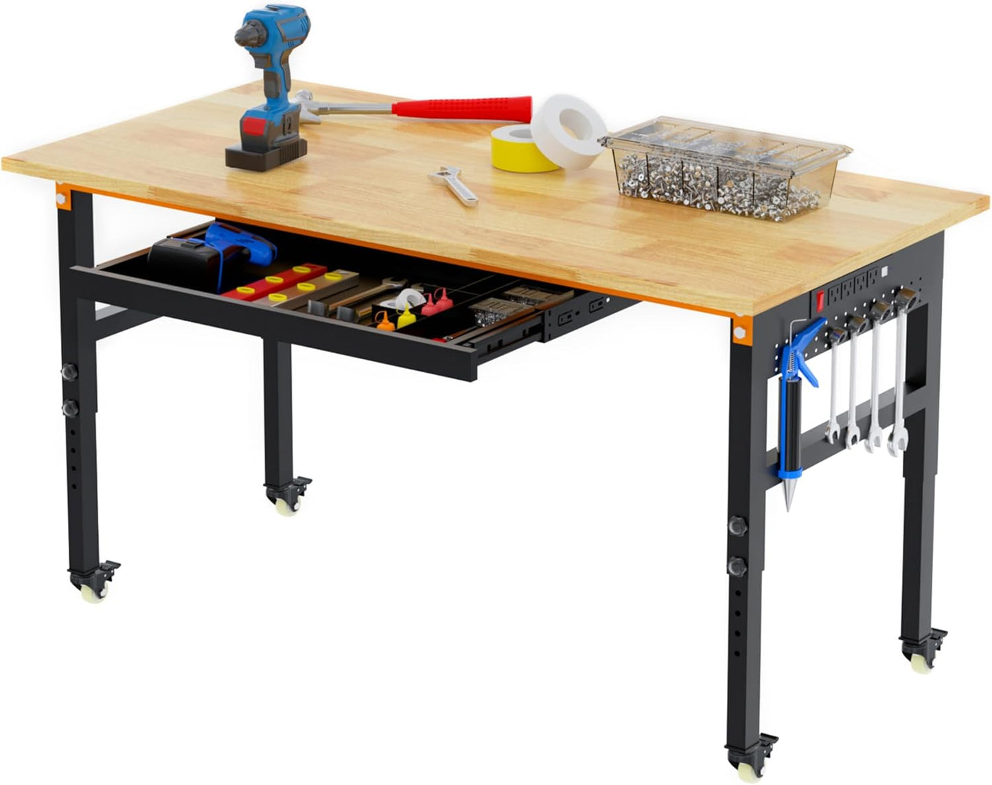 60" Adjustable Workbench on Wheels, 2000 LBS Heavy Duty Work Table with Power Outlets & Pegboard, Rubber Wood Workstation for Garage, Workshop, Office, Home, Commercial
