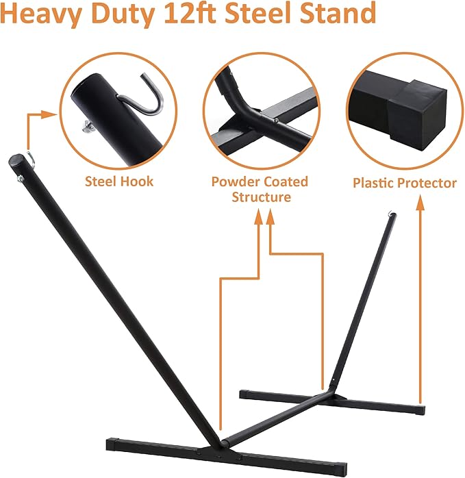 SUNCREAT Outdoor Hammock with Stand, Two Person Quilted Fabric Hammock Swing with 12ft Steel Stand, Red Stripes