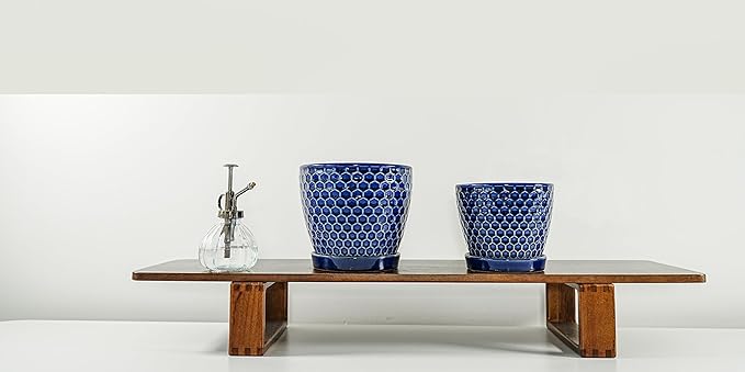 Docrin Ceramic Plant Pots Indoor: 6.6 + 5.5 Inch Planters with Drainage Holes and Saucer for Home/Office - Set of 2 /Blue Honeycomb