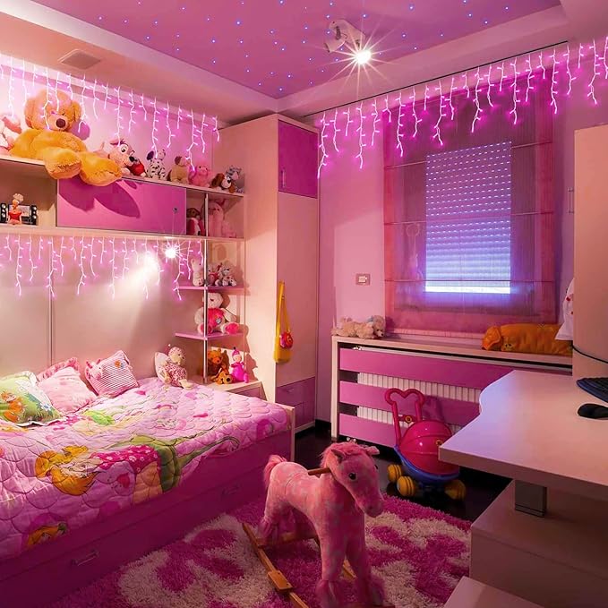 JMEXSUSS 400 LED Pink Valentine Lights, Connectable Pink Christmas Lights Indoor Outdoor with Remote, Pink Icicle String Lights for Room Fireplace Decorations