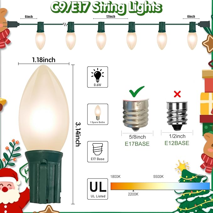 25ft Warm White Christmas Lights Outdoor,Frosted White Christmas Lights with 26 Incandescent Bulbs(1 Spare),Hanging Vintage Christmas Lights for Patio Holidays Christmas Tree Decor