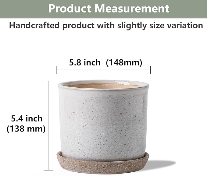 5.8 Inch Plant Pot: Ceramic Planter with Drainage Hole & Saucer - Cylinder Round Flowerpot for Indoor & Outdoor Plants - with Separate Tray for Home & Office - Retro Style, Grey