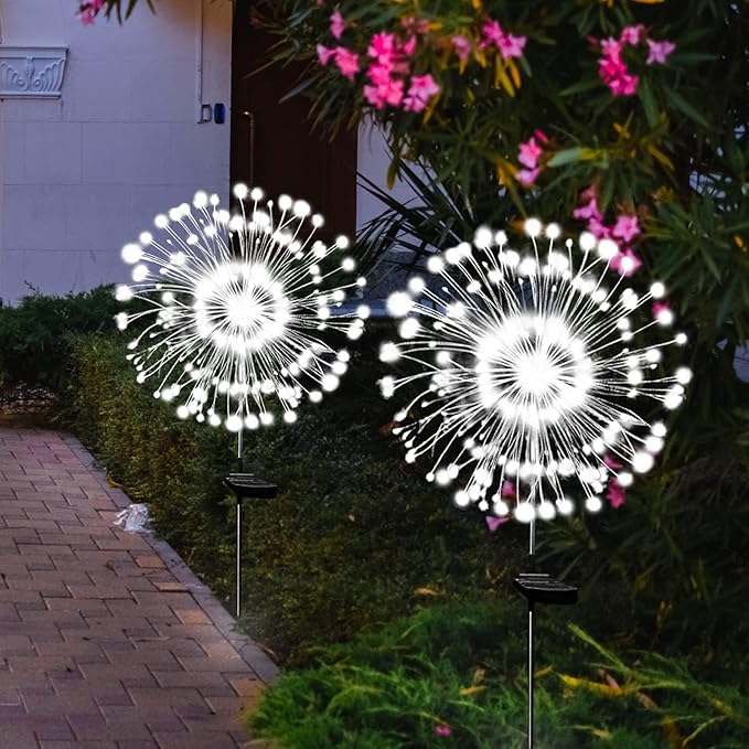 Solar Garden Lights Solar Firework Lights Outdoor Waterproof 4 Pack Solar Powered Art Stake Twinkle Lighting 180 LED Sparklers Solar Lights for Yard Pathway Patio Outside Party Decorations (White)