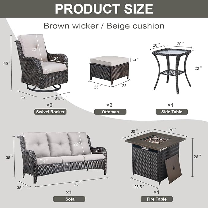 Outdoor Patio Furniture Set with Propane Fire Pit Table, 7 Pieces Wicker Patio Conversation Set with 2 Swivel Glider Rocker Chair Rattan Sofa Beige Cushion Perfect for Casual Gathering