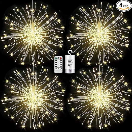 FOOING 4 Pack Firework Lights Led Copper Wire Star String Lights 8 Modes Battery Operated Fairy Lights with Remote,Wedding Decorative Hanging Lights for Party Patio Garden Decoration