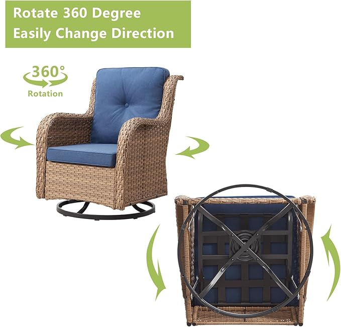 Outdoor Patio Swivel Rocker Chairs - Wicker Rattan Patio Swivel Rocking Chairs Set of 2 with High Back,Deep Seating and Comfort Cushions for Deck Porch Garden,Yellow/Blue