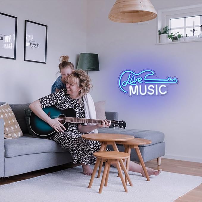 Guitar Neon Sign Blue White Live Music for Wall Decor Dimmable Guitar Led Light up Sign Letter Neon Signs Art Decorative Lights for Music Studio Live Streams Nightclub