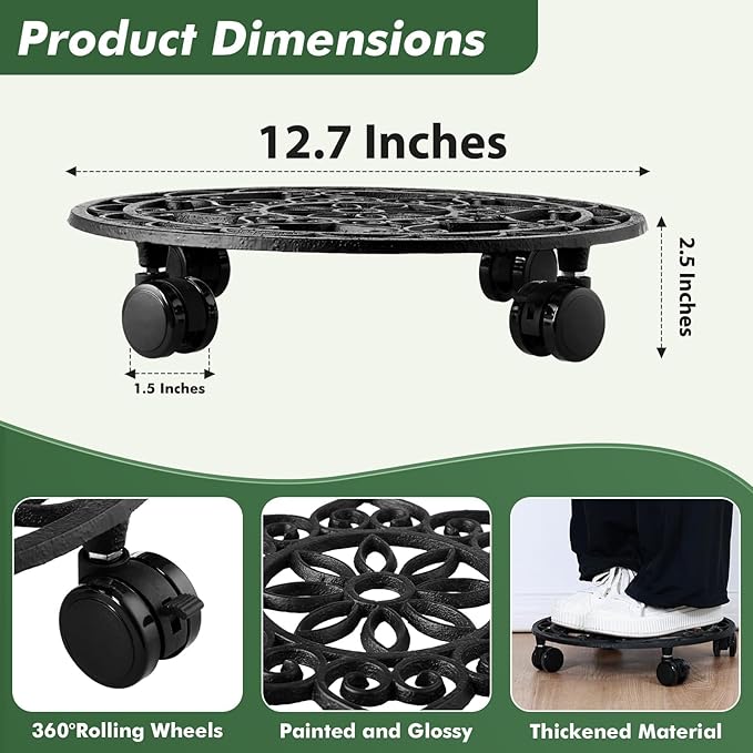 2 Packs Rolling Plant Stand with Wheels Metal Plant Caddy with Wheels Heavy Duty 13'' Round Plant Stand Indoor Iron Plants Rollers for Plants, Plant Dolly with Plant Saucers