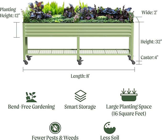 Rolling Elevated Raised Garden Bed-V Series, 2' x 8' Garden Beds with Legs & Storage Rack for Patio & Porch, 1400 Lbs Weight Capacity, Outdoor Planter Box for Vegetables Flower Herbs, Olive Green
