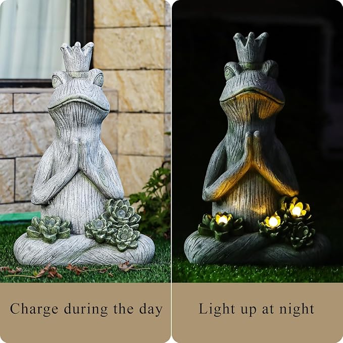 Large Garden Statue Yoga Frog Sustainable Eco-Friendly Solar Lights with LED Sustainability Sculpture Courtyard Balcony Home Decoration（20" Tall