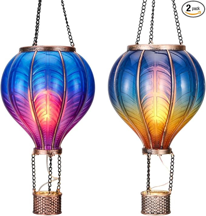 TERESA'S COLLECTIONS 2 Pack Hanging Solar Lantern Outdoor Garden Decor for Valentine,Waterproof Plastic Hot Air Balloon Blue Flickering Flame Effect Lantern for Yard Tree,Gift for Mom,18"