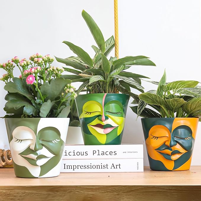 GUGUGO Face Planters Pots with Drainage, Flower Plant Pots for Indoor Plants, Unique Funny Small Succulent Desk Vase for Plant Lover Gifts (Bicolor-Green & White, 5.5Inch)