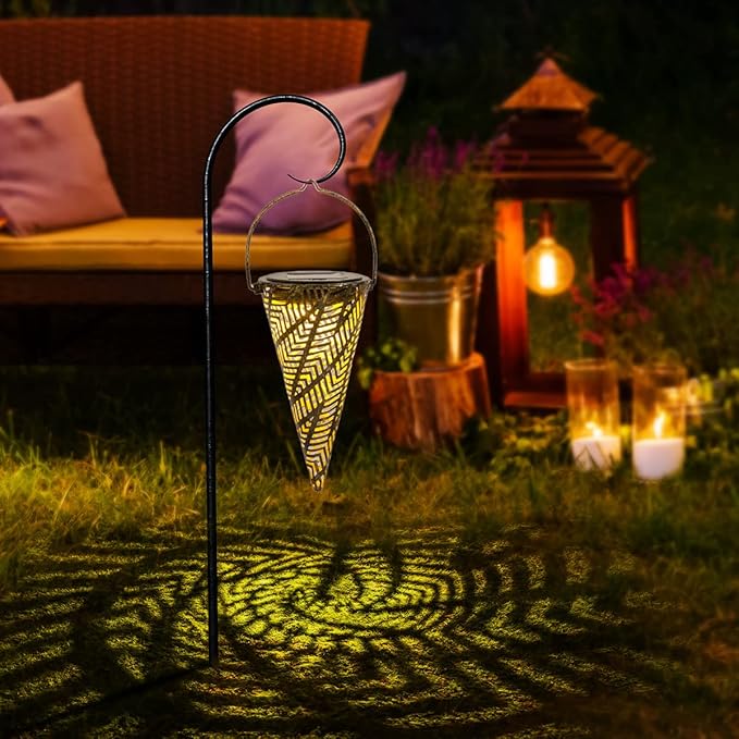 Outdoor Decorative Solar Hanging Lights with Delicate Hollow Conical Lantern Design - Set of 3 Chandelier for Patio, Tree, Garden, Yard, Porch, Backyard Pathway and Christmas Decoration.