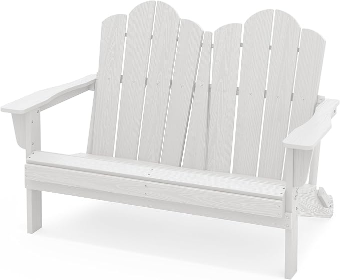 SERWALL Folding Adirondack Bench, HDPE All-Weather Adirondack Loveseat, 660 lbs Capacity, Foldable Outdoor Patio Bench for Deck, Lawn, Garden, White