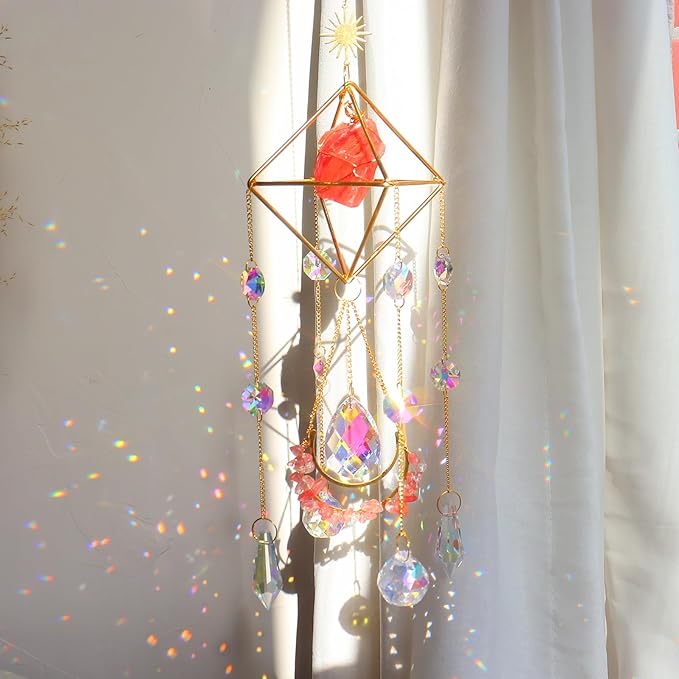 Healing Crystal Suncatchers Hanging Wind Chime Style Garden Suncatcher Rainbow Maker Gold Plated Sun Catcher Decor for Home Indoor Outdoor Gift (RED)