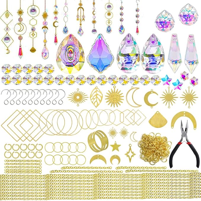H&D HYALINE & DORA 215pcs DIY Crystal Suncatcher Kits for Adults Art Crafts Set with Rainbow Maker Prisms Pendant Sun Catchers Hanging Decor for Window Garden Wedding, Gold