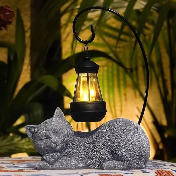 Solar Cat Garden Statue with Lantern, 13 Inch Tall Figurine for Outdoor Decor, Yard, Patio, Lawn and Porch, Solar-Powered Lights Sculpture