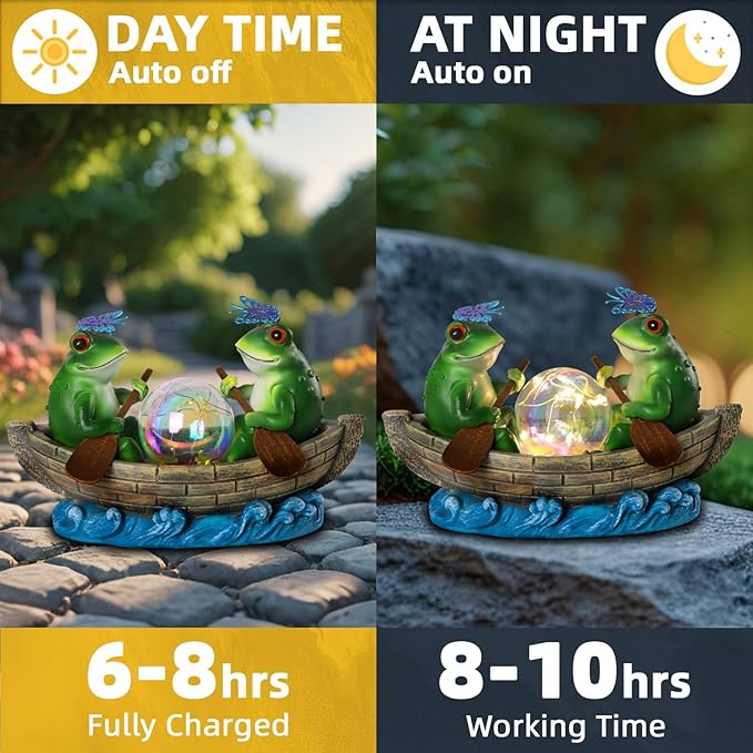 Solar Frog Boating Garden Statue with Ball Light 5.1" Resin Frogs Decor for Home Front Door Patio Porch Balcony Women Gardeners Moms Wives Girlfriends